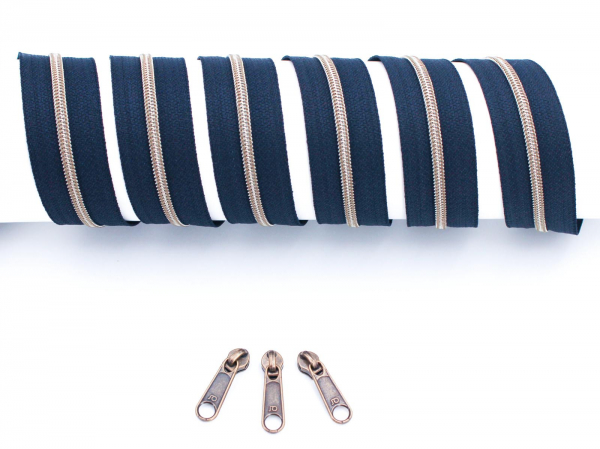 Endlosreißverschluss metallisiert schmal nachtblau/messing-antik (1m)